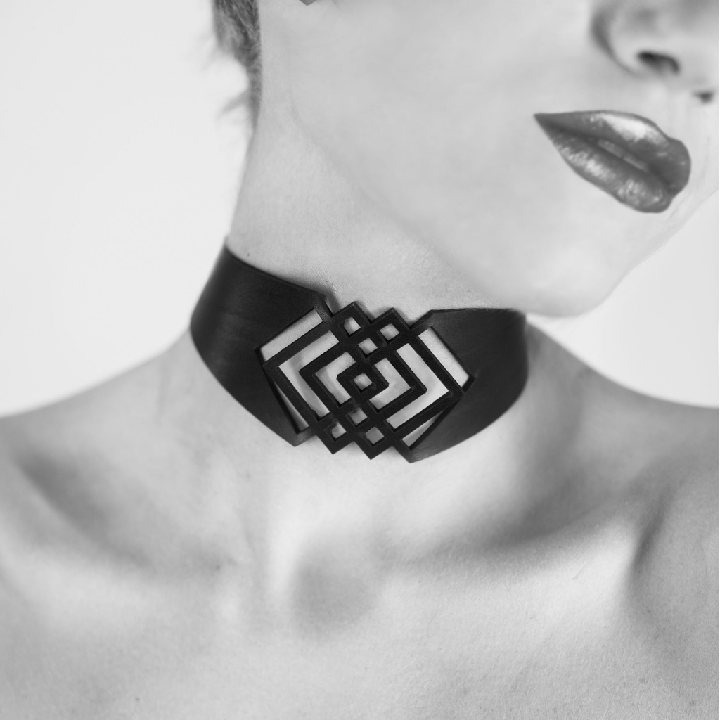Sacred geometry necklace, leather choker geometric, blasted skin