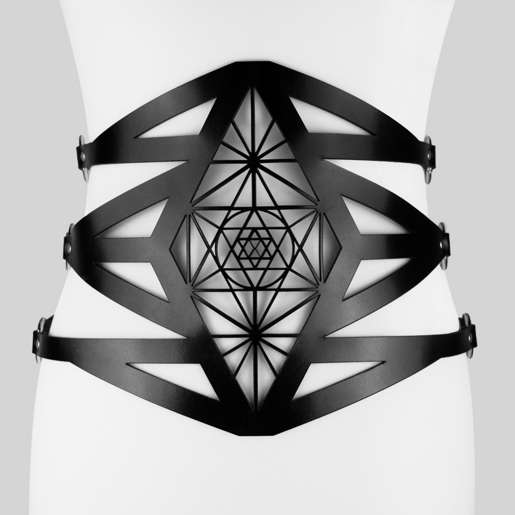 Leather corset belt, metatron symbol cut-out, Blasted Skin