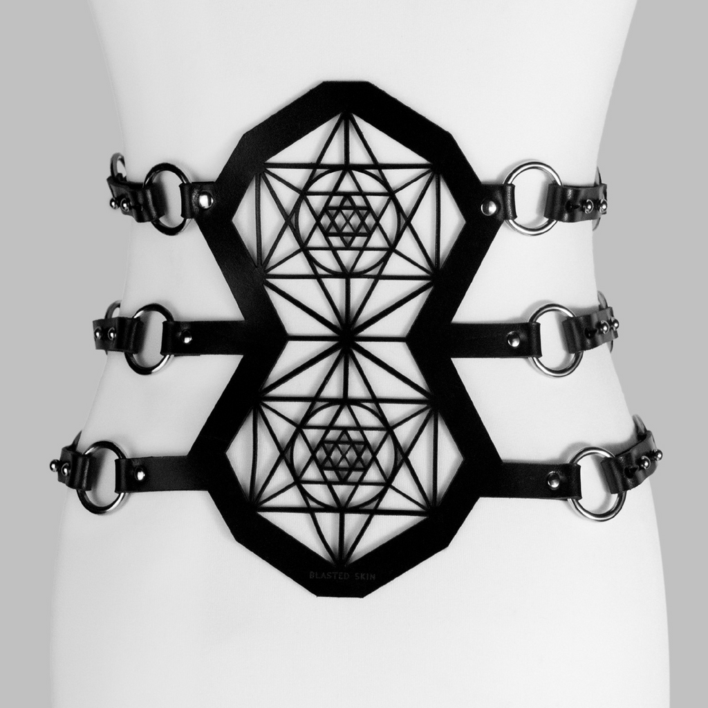 Corset harness belt, Silver rings, metatron symbol cut-out, Blasted Skin
