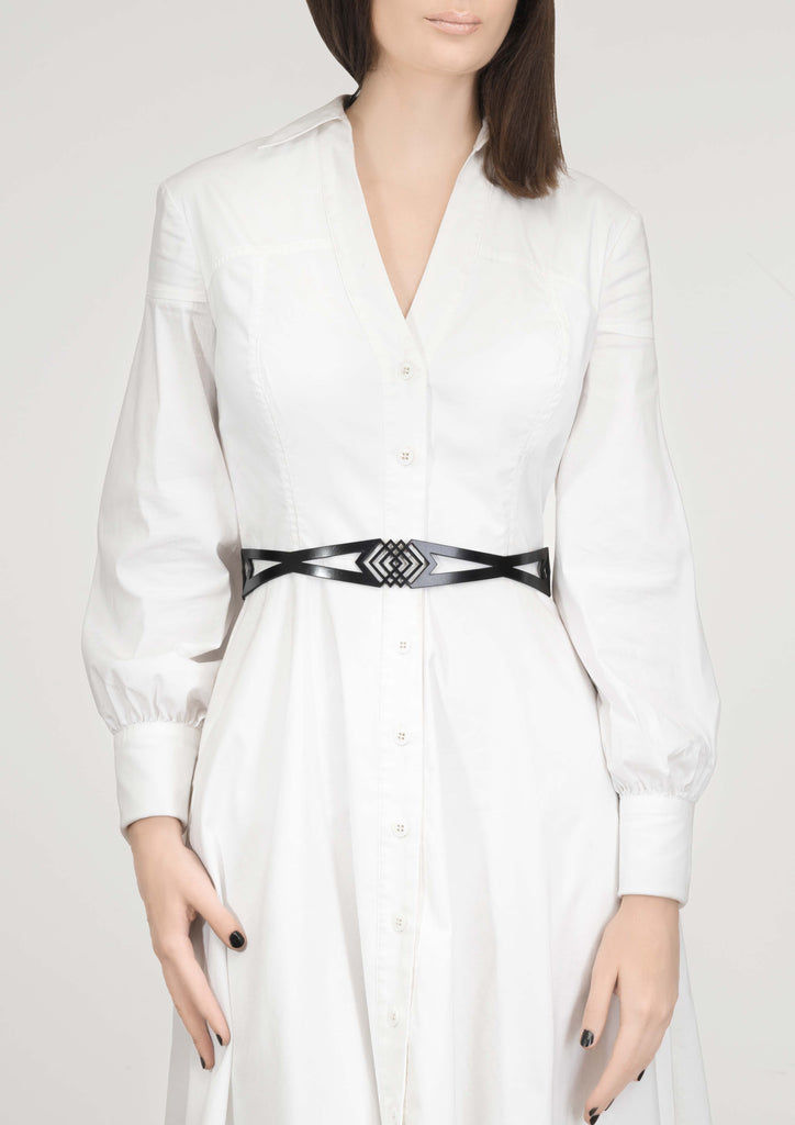 Hypnos belt worn on white dress, Blasted Skin